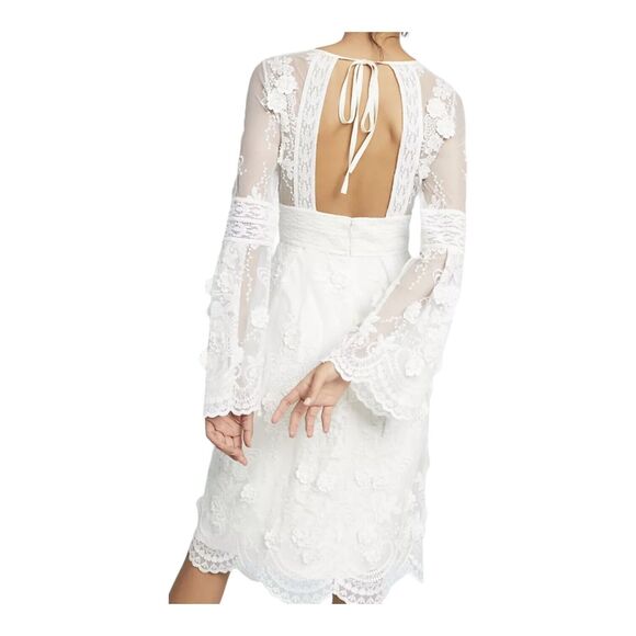 MONIQUE L HUILLIER White Lace Bell-Sleeve Tiered Bridal Party Dress 4P‎ NWT $500 - Picture 3 of 16